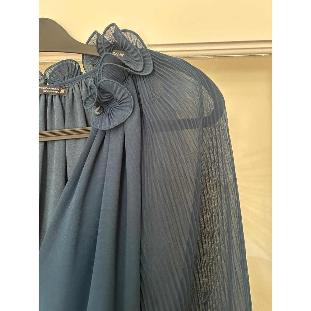 Zara Pleated Midi Dress Ruffle Neck Long Sleeve Teal Blue Size XS - Picture 6 of 7